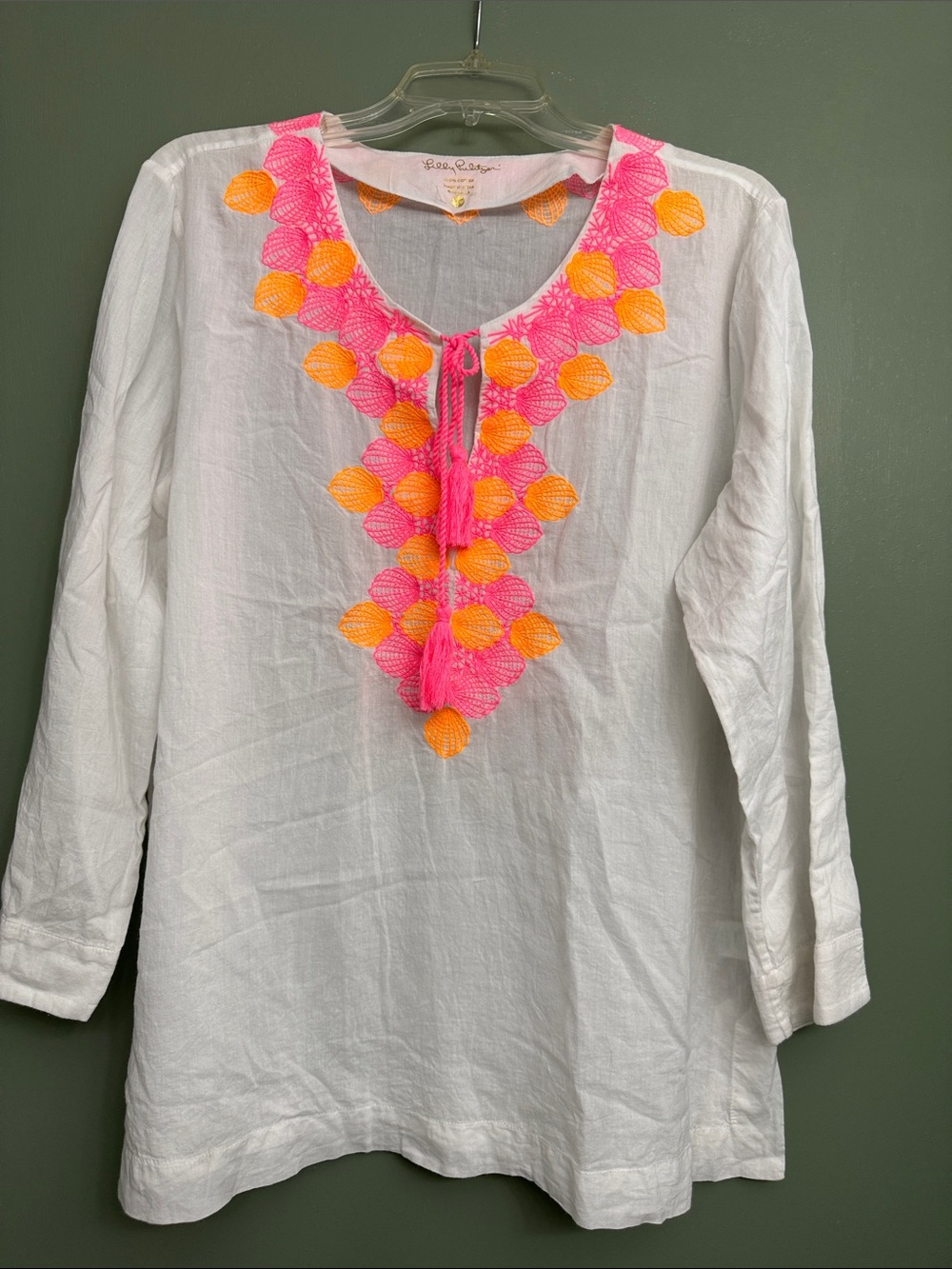 Lilly Pulitzer White Tunic with Pink & Orange Embroidered Neckline